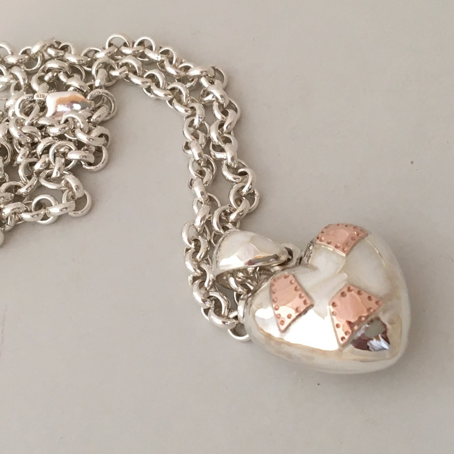 Puff Heart Pendant with Rose Gold Patches on Hand Made Belcher Chain
