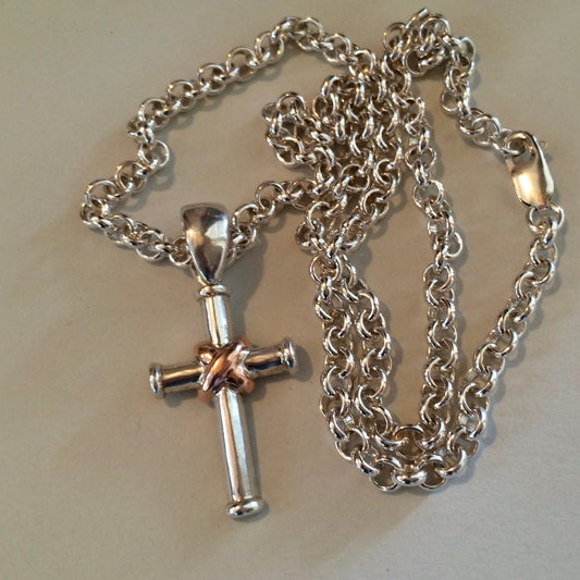 Sterling Silver Cross Pendant with Rose Gold wrap on Hand Made Belcher Chain