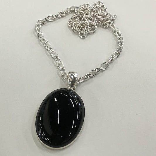 Black Onyx Pendant on Hand Made Belcher Chain