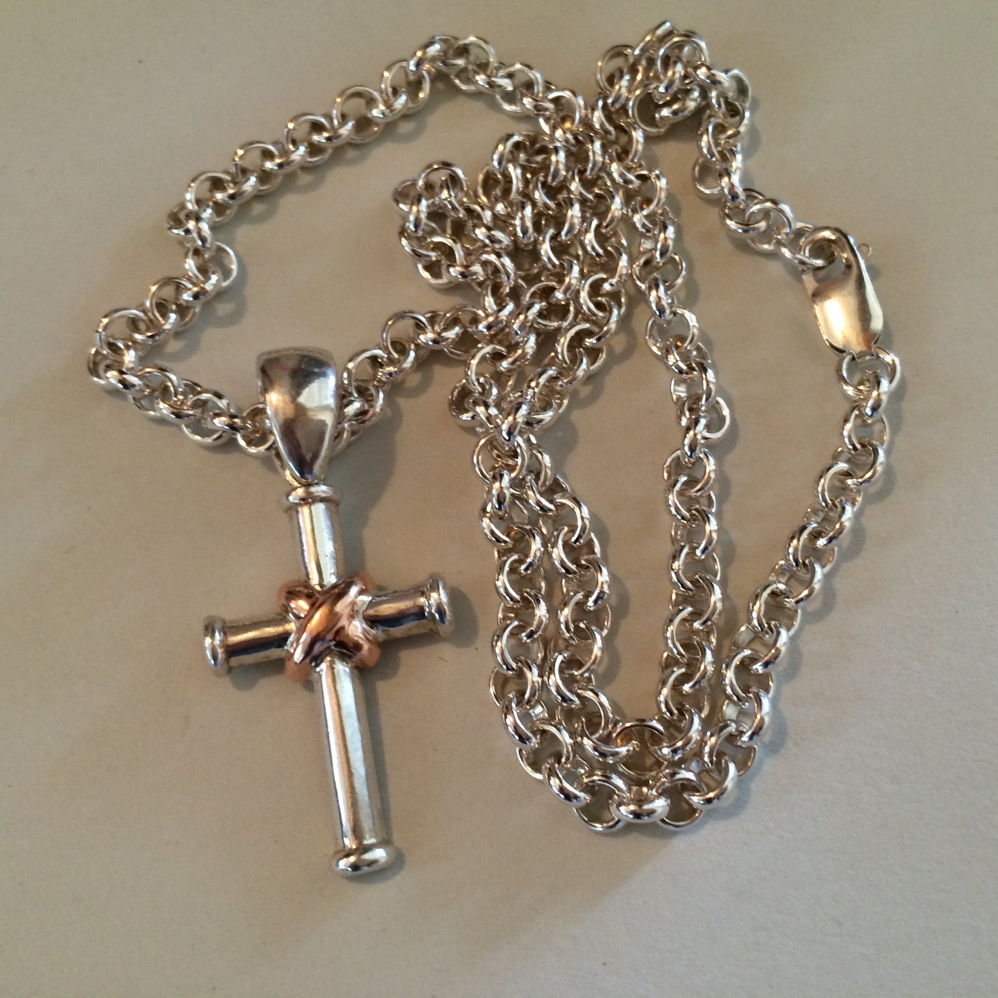 Sterling Silver Cross Pendant with Rose Gold wrap on Hand Made Belcher Chain