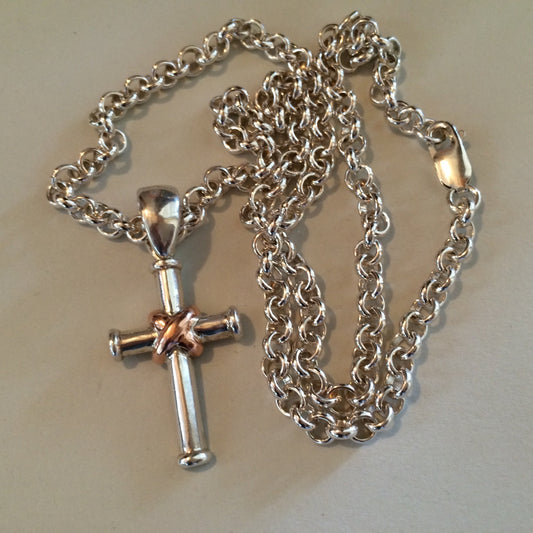 Sterling Silver Cross Pendant with Rose Gold wrap on Hand Made Belcher Chain