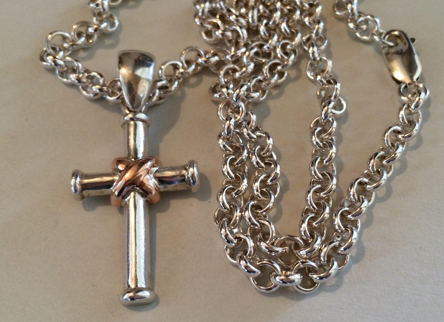 Sterling Silver Cross Pendant with Rose Gold wrap on Hand Made Belcher Chain