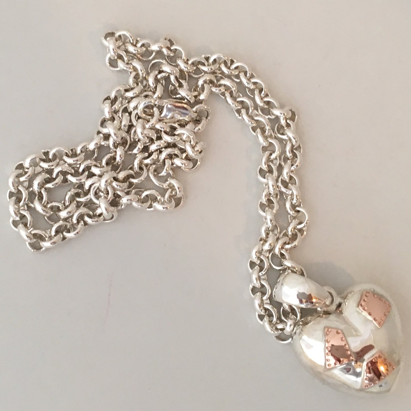 Puff Heart Pendant with Rose Gold Patches on Hand Made Belcher Chain