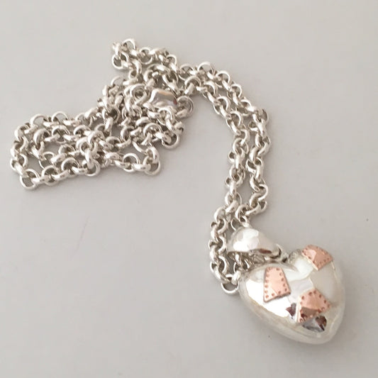 Puff Heart Pendant with Rose Gold Patches on Hand Made Belcher Chain